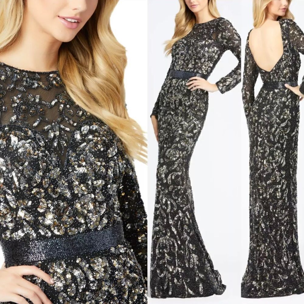 Mac Duggal Womens Black Long Sleeve Embellished Gown 4316 12